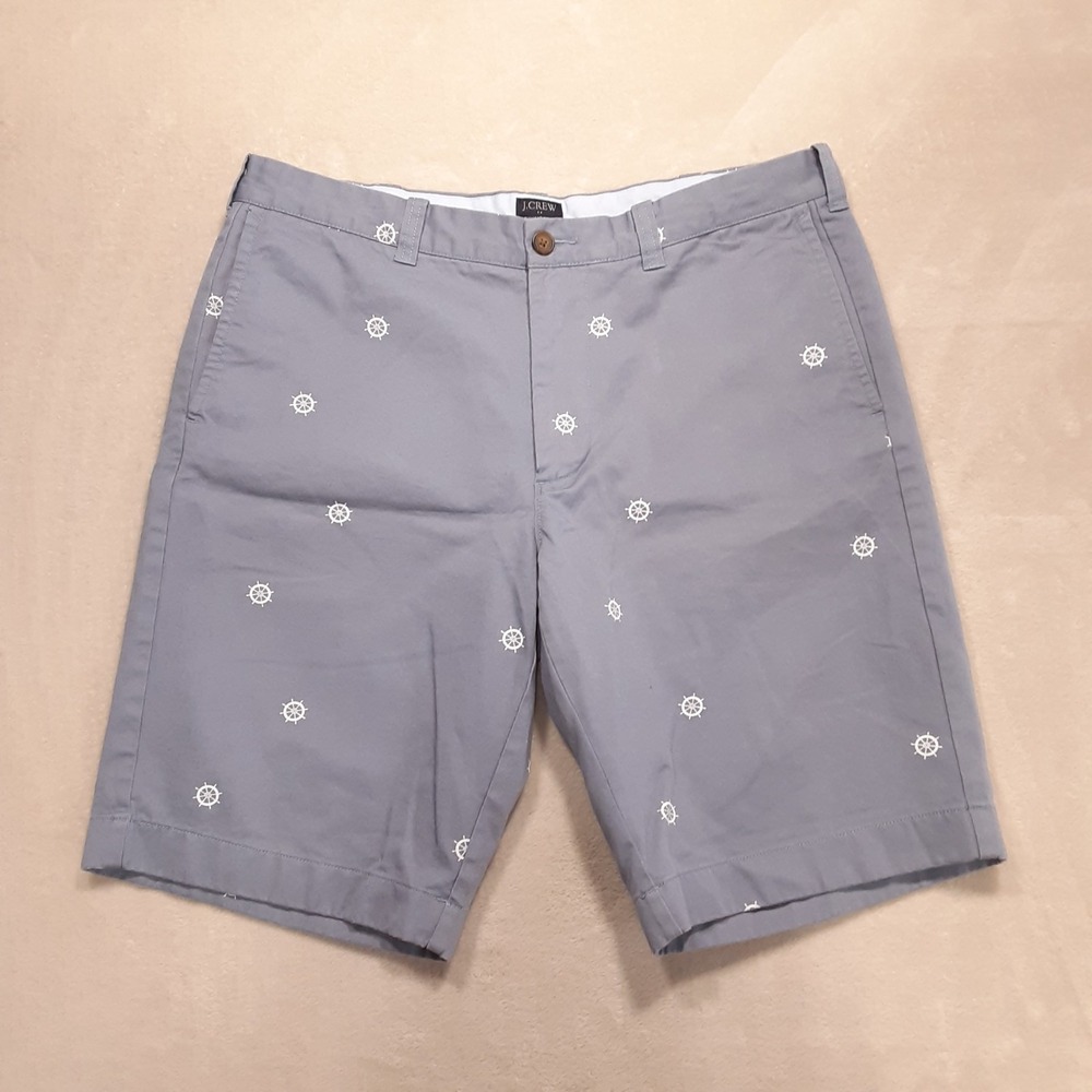 J.Crew Mens Rivington Chino Shorts 36 Blue Nautical Ship Wheel Print 10" Inseam